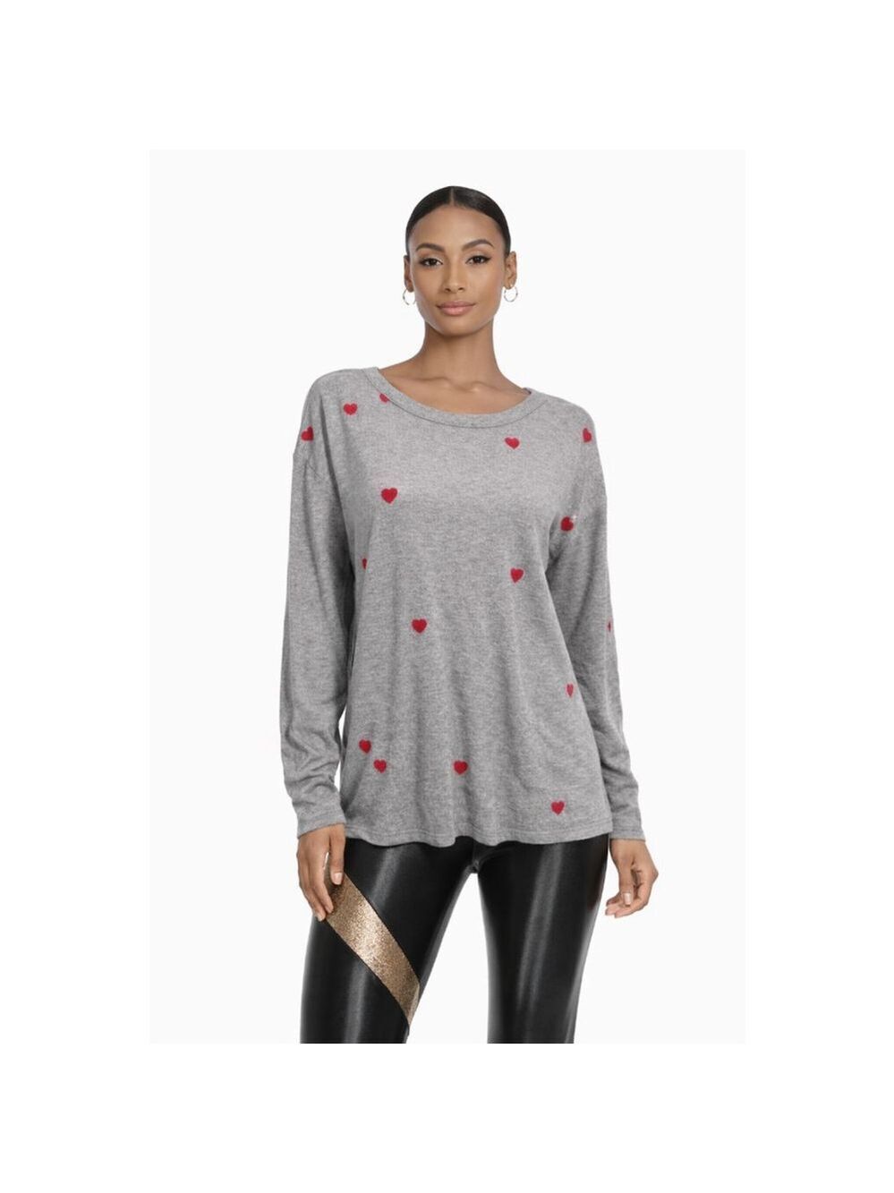 NWOT Chaser Gray Heart Print Long Sleeve Knit Top Womens Large Cozy Pullover